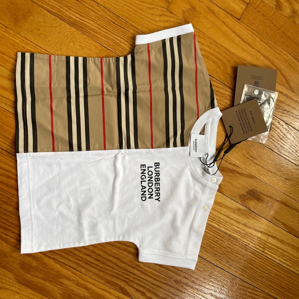 NWT Burberry T-shirt, size 18m , white and Burberry heritage stripes